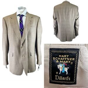Hart Schaffner Marx Sport Coat Men 46L Brown Plaid Wool Union Made USA Career‎